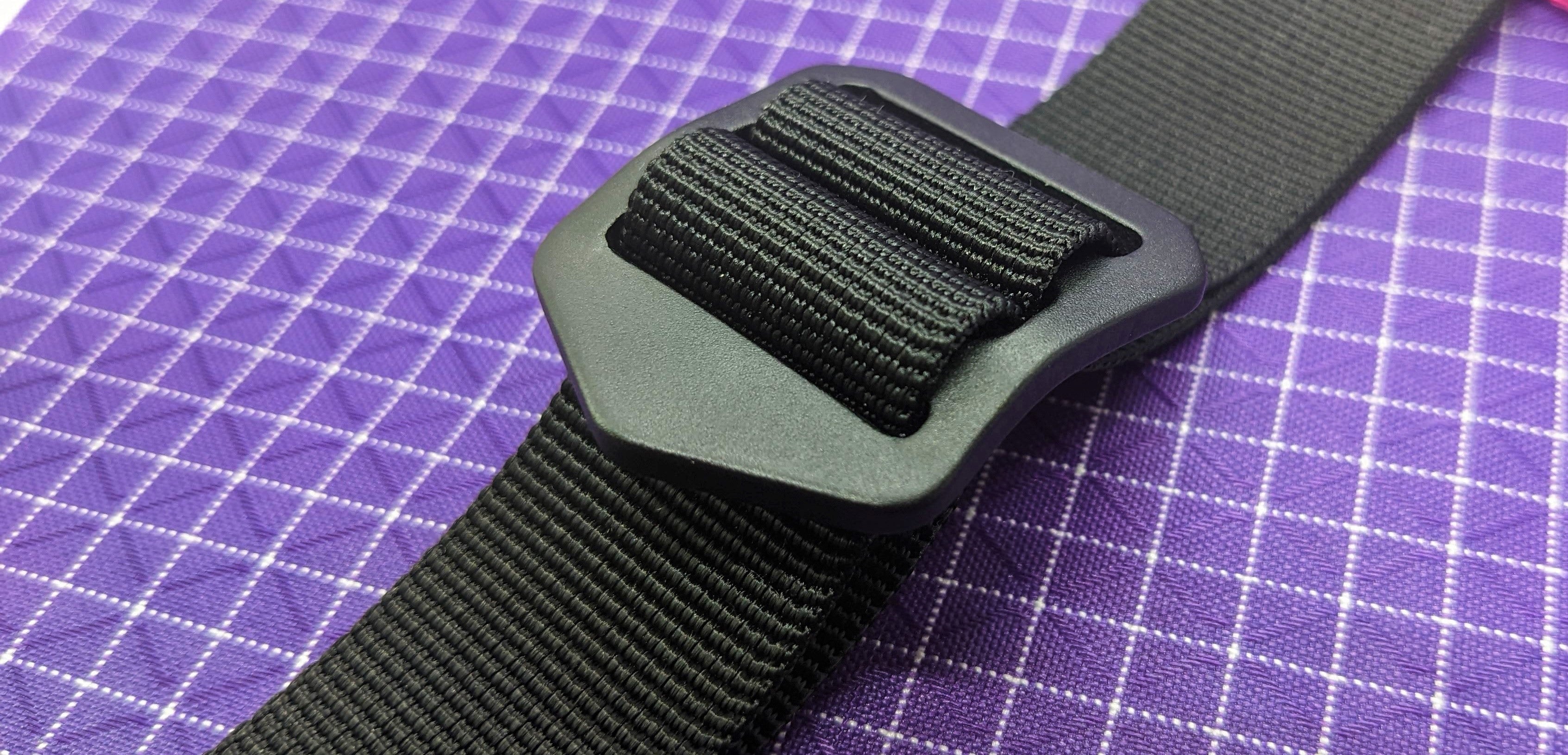 This is a high-quality, aluminum strap adjuster that is perfect for using with backpack straps. The aluminum is both strong and light!